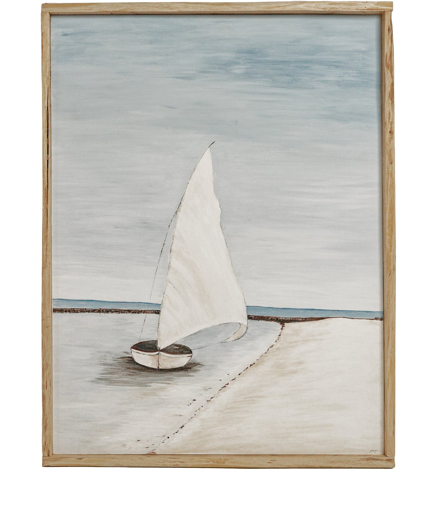 ציור סירת מפרש בחוף ים - מסגרת עץ.