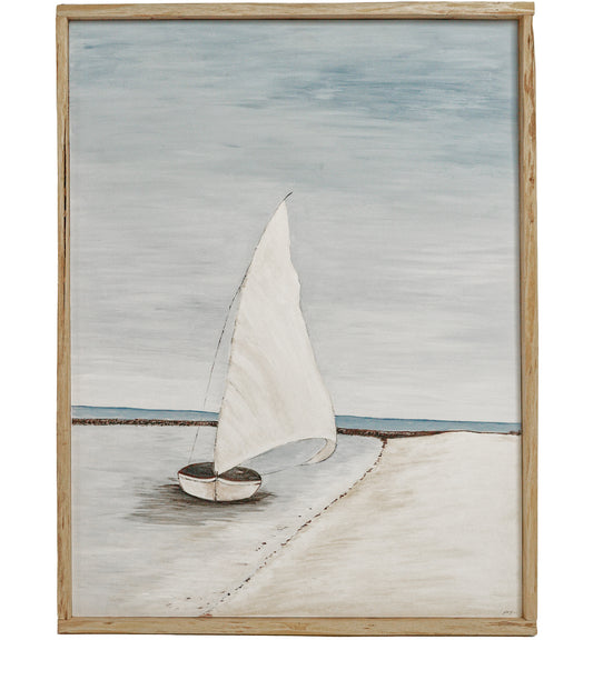 ציור סירת מפרש בחוף ים - מסגרת עץ.